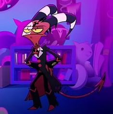 an animated character standing in front of a purple background