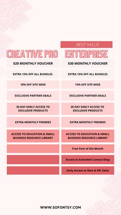 a pink and white flyer with the words creative pro enterprise on it's side