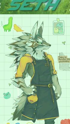 a drawing of a wolf in overalls standing next to a tiled wall with the words sem on it