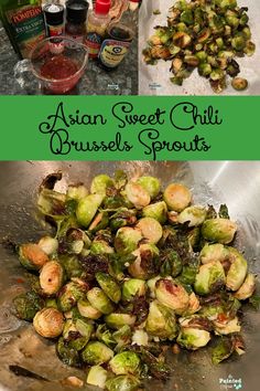 some brussel sprouts are being cooked in a pan with sauce and seasoning