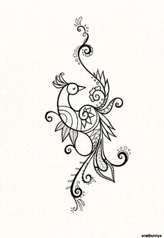 a black and white drawing of a bird with swirls on it's wings