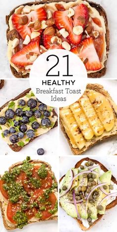 twelve healthy breakfast toasts with fresh fruits and vegetables