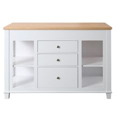 a white cabinet with three drawers and a wooden top