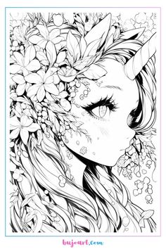 a girl with flowers in her hair is featured on the cover of an adult coloring book