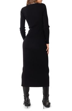 Cozy up in a ribbed sweater-dress that's knit to fit and fastened with top-to-bottom buttons that let you dial the drama up or down. V-neck Long sleeves 45% polyester, 45% rayon, 10% spandex Machine wash, tumble dry Imported Fall Ribbed Sweater Dress In Midi Length, Ribbed Turtleneck Midi Dress For Fall, Fall Turtleneck Ribbed Midi Dress, Fall Ribbed Turtleneck Midi Dress, Ribbed Knit Turtleneck Dresses, Winter Ribbed Turtleneck Midi Dress, Black Ribbed Bodycon Sweater Dress, Ribbed Winter Dress For Work, Winter Ribbed Bodycon Sweater Dress