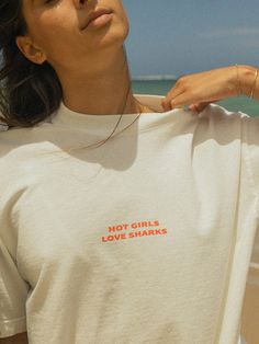 Hot girls love sharks.. you didn't know?! Meant to be worn oversized for that comfortable fit or as a beach cover up. Off-white color. Made of 100% USA cotton. This short sleeve tee is washed with natural enzymes, resulting in a broken-in feel. Its special features include its heavy and sturdy feel and combined with a Shark Tee, Shooting Photo, Girls Love, Perfect Style, Cute Fits, Sharks, Fashion Inspo Outfits, White Color, Special Features