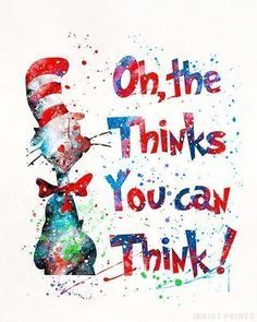 the cat in the hat is wearing a red bow tie and says, on the thinks you can think