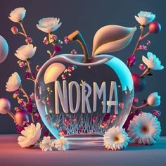 an apple with the word norma in it surrounded by flowers