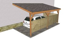 a car is parked under a wooden covered shelter in front of a white wall and fence