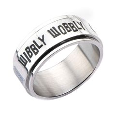 a stainless steel ring with the words bubbay wobby in black lettering on it