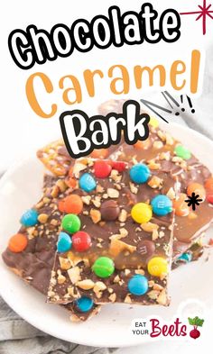 chocolate caramel bark on a white plate with the words, chocolate caramel bark