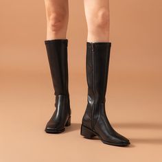 This classic long boot features a square toe cap and a thick heel. The side zipper design makes wearing /taking off easier. It's worth having in your wardrobe. Upper: Cow Leather + PU Lining: 100% Pigskin Insole: 100% Pigskin Outsole: 100% Rubber Heel Height: 4.3 cm Weight: 1.5kg Long Boots For Women, Leather Long Boots, Long Leather Boots, Sacs Tote Bags, Leather Knee High Boots, Aesthetic Shoes, Knee High Leather Boots, Classic Boots, Long Boots