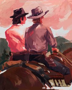 two men sitting on the back of horses looking at each other with pink sky in background