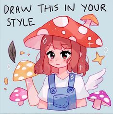 a drawing of a girl with red hair and an orange mushroom on her head, holding mushrooms