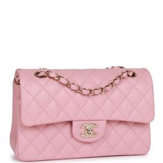 This Small Classic Flap Bag is in pink caviar leather with light gold hardware and features a front flap with CC turnlock closure, halfmoon back pocket and adjustable interwoven light gold tone chain link and pink leather shoulder/crossbody strap.The interior is lined in pink leather with the "love letter" zipper compartment underneath the first flap, an "outer" slit pocket under the second flap, and an interior compartment with two open pockets separated by a "lipstick" compartment.Collection: Luxury Pink Rectangular Box Bag, Luxury Blush Bag With Gold-tone Hardware, Chanel Rose, Chanel Mini Rectangular, Purse Chanel, Tas Bahu, Chanel Box, Pink Shoulder Bag, Chanel Pearls