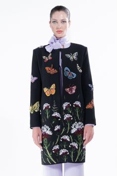 'Millions of Butterflies & Ottoman Carnation' Classic Collarless Coat -  - Libertine Elegant Multicolor Formal Blazer, Designer Spring Evening Blazer, Designer Evening Blazer For Spring, Tailored Multicolor Formal Outerwear, Designer Tailored Embellished Outerwear, Elegant Multicolor Silk Outerwear, Embellished Silk Outerwear, Elegant Multicolor Formal Outerwear, Multicolor Fitted Formal Outerwear