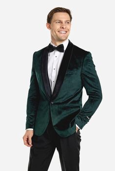 Elevate your style with this timeless green velvet dinner jacket. Its sophisticated design and soft texture make it a must-have for the holiday season and beyond. Black Tie Notch Lapel Blazer For Winter, Notch Lapel Blazer For Black Tie Winter Events, Winter Black Tie Blazer With Suit Collar, Elegant Green Evening Blazer, Winter Black Tie Tuxedo Blazer, Winter Tuxedo Blazer For Black Tie Events, Winter Semi-formal Tuxedo With Shawl Collar, Black Tie Winter Tuxedo Blazer, Winter Tuxedo Blazer For Black Tie