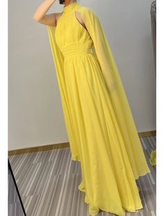 A-Line Evening Gown Maxi Dress Formal Wedding Guest Floor Length Sleeveless High Neck Capes Chiffon with Ruched Sleeveless Georgette Gown For Wedding, Sleeveless Chiffon Wedding Gown, Sleeveless Georgette Evening Dress For Wedding, Yellow Sleeveless Evening Dress For Wedding, Yellow Sleeveless Evening Dress For Banquet, Yellow Sleeveless Gown For Prom Season, Elegant Yellow Floor-length Chiffon Dress, Floor-length Chiffon Wedding Dress With Pleated Bodice, Yellow Sleeveless Gown With Fitted Bodice