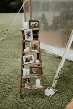 a ladder with pictures on it sitting in the grass