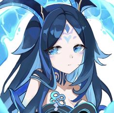 an anime character with blue hair and tattoos on her chest, holding a heart shaped object