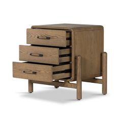 a wooden cabinet with three drawers on one side and an open drawer on the other