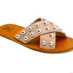 These Studded Slip On Sandals Are A Sprong Summer Must Have! They Pair Well With So Many Styles!! Shorts, Jeans, Dresses, And Even Wear Them To The Pool!! They Are A Tts Fit! Studded Slip-on Sandals For Vacation, Leather Slip-on Sandals With Studs, Brown Slip-on Mules With Studded Outsoles, Beach Buckle Closure Slip-on Footbed Sandals, Beige Buckle Closure Slip-on Footbed Sandals, Slip On Sandals, Studded Flats, Shorts Jeans, The Pool