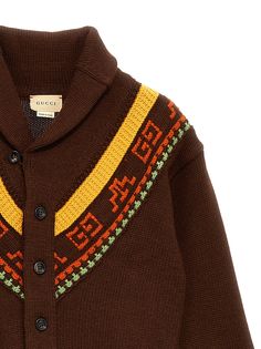 Wool cardigan with jacquard detail, button closure, and long cuffed sleeves. Composition: 100% wool Guccio Gucci, Kenzo Kids, Prada Leather, Stella Mccartney Kids, Cardigan Tops, Wool Cardigan, Cuff Sleeves, Italian Fashion, Stylish Men