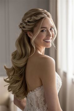 a woman with long blonde hair wearing a wedding dress