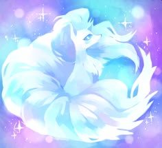 a drawing of a white dog laying on top of a blue and purple background with stars