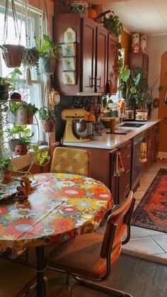 a kitchen filled with lots of potted plants next to a dining room table and chairs