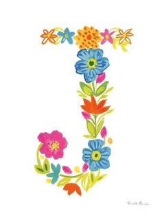 the letter j is made up of colorful flowers and butterflies on a white paper background