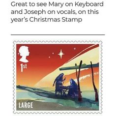 a postage stamp with the words great to see mary on keyboard and joseph on vocals, on this year's christmas stamp