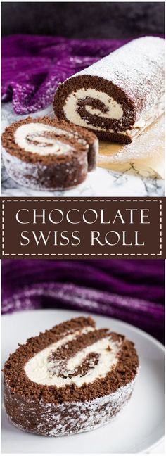 chocolate swiss roll with powdered sugar on top and the words chocolate swiss roll above it