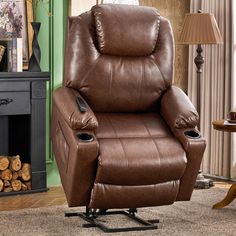 a brown recliner chair sitting in front of a fireplace