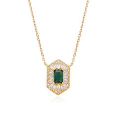 Elevate your style with our Gold-Plated over Sterling silver Art Deco Pendant. Meticulously crafted, this captivating pendant showcases an emerald-cut green spinel at its center, complemented by exquisite baguettes. The unique exagonal shape adds a touch of vintage elegance. With a 16-inch chain and 2-inch extension, this pendant offers a customizable fit. Embrace the vintage-inspired beauty of this Gold-Plated Art Deco Pendant, perfect for adding a touch of sophistication and glamour to any ens Art Deco Pendant, Plate Art, Silver Art, Vintage Inspired, Gold Plate, Art Deco, Plating, Chain, Sterling Silver