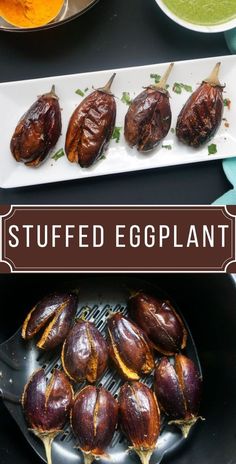 Stuffed eggplant in a rectangle plate Baby Eggplant Recipes, Air Fryer Eggplant, Eggplant Recipes Healthy, Baby Eggplant, Healthy Eggplant, Stuffed Eggplant, Healthy Indian Recipes, Air Fryer Healthy, Eggplant Recipes