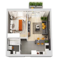 an overhead view of a two bedroom apartment