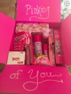 a pink box with writing on it that says,'pinking of you '