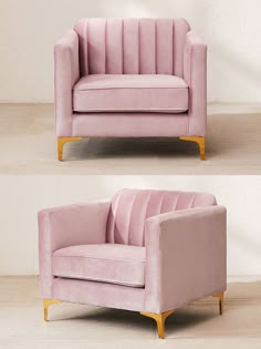 two pink chairs side by side, one with wooden legs and the other in velvet