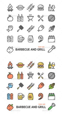 barbecue and grill line icons - food objects