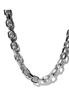 This polished chain necklace is inspired by the vibrant energy of New York and brings chic, architectural allure to your neckline. Two branded links have hidden hinges so this necklace can be lengthened or shortened by removing the hinged links. 18" length Hinge with snap-post closure Silvertone plate or goldtone plate Imported Modern Polished Chain Link Necklace, Modern Link Necklace With Polished Finish, Modern Linked Necklace With Polished Finish, Modern Polished Metal Chain Necklace, Modern Necklace With Rectangular Polished Links, Modern Necklace With Rectangular Links And Polished Finish, Modern Chain Necklace With Rectangular Links And Polished Finish, Modern White Gold Chunky Chain Jewelry, Modern Polished Link Chain Necklace