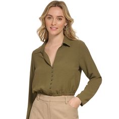 ** New With Tags, Perfect Condition Add To A Pair Of High Waisted Wide Leg Pants - Chef’s Kiss Color: Caper (Olive) Add Polish To Any Ensemble With This On Trend Cropped Blouse By Calvin Klein X-Fit Cropped Silhouette; Elastic At Hem Polyester (45% Recycled) Khaki Collared Top For Office, Collared Khaki Top For Office, Casual Khaki Office Top, Versatile Green Button-up Top, Versatile Khaki Tops For Work, Khaki Fitted Button-up Top, Fitted Trendy Calvin Klein Tops, Trendy Fitted Calvin Klein Tops, Khaki Button-up Office Tops