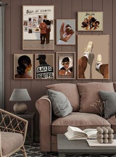 a living room filled with furniture and pictures on the wall