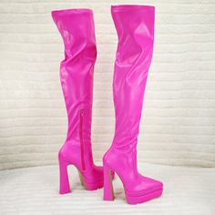 Stretch Pu Leather Stacked Pointy Toe Platform Flared Heel Brand New Measurement Shown Are Size 6.5 They Will Go Up As Sizes Do Heel Stretch, Thigh Boots, Thigh Boot, Platform High Heels, Over The Knee Boots, Over The Knee, High Heel, Pu Leather, Hot Pink