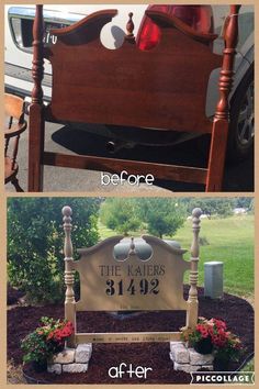 before and after photos of a bed frame with flowers in the bottom, then on the bottom