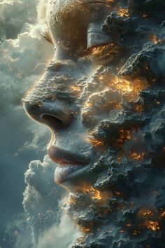 a woman's face is surrounded by clouds and stars in the sky, as if she was floating on fire