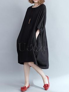 Sku CY-!32370 Material >70%Cotton Style Loose Feature Solid Occasion Going out , Casual , Vacation , Vintage Neckline Round-neck Seasons Spring , Autumn Type Midi Dresses Color BLACK Size FREE SIZE Size chart: Please consult the size chart we provide for this item's measurements to help you decide which size to buy. Please note: There may be 1-3cm differ due to manual measurement. CMINCH Bust Shoulder Sleeve Length FREE SIZE 136 57 31 111 Oversized Black Cotton Dress, Black Lagenlook Long Sleeve Dress, Black Casual Midi Dress For Fall, Casual Black Midi Dress For Fall, Black Crew Neck Summer Dress, Casual Black Knee-length Midi Dress, Oversized Black Spring Dress, Black Cotton Midi Dress For Spring, Black Long Sleeve Oversized Midi Dress