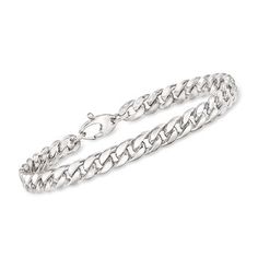 Ross-Simons - Italian 14kt White Gold Cuban-Link Bracelet. 7.25". Here's a classic bracelet from Italy. On it, stately Cuban links wrap the wrist in high-polished 14kt white gold. Add this bright beauty to your rotation for a look that endures. Lobster clasp, 14kt white gold Cuban-link bracelet. Classic White Gold Cuban Link Bracelet With Curb Chain, Classic Chain Tennis Bracelet, Elegant Sterling Silver Bracelet With Cuban Link Curb Chain, Classic Curb Chain Bracelet, Classic White Gold Cuban Link Sterling Silver Bracelet, Classic White Gold Cuban Link Bracelet With Box Chain, Classic Cuban Link Bracelet With Oval Links, Classic Sterling Silver Curb Chain Bracelet, Classic Cuban Link Bracelet