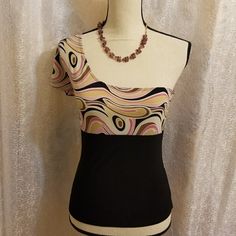 Gorgeous One Shoulder Strap Top In Fine Knit Fabric With Slits In One Shoulder Sleeve, In Multi Color Of Black, Pink Brown, Taupe And White. Made Of 92% Poly And 8% Spandex. Bust: 17" Up To 22-1/2" If Stretches. Waist: 15"-19" If Stretches. Length: 21". Chic One-shoulder Multicolor Top, Chic Multicolor One-shoulder Top, Pink Stretch One-shoulder Top, Casual One Shoulder Fitted Blouse, Casual One-shoulder Fitted Blouse, Casual Fitted One-shoulder Blouse, Fitted Multicolor One Shoulder Top, Pink Fitted Top With Asymmetrical Neckline, Fitted Pink Top With Asymmetrical Neckline