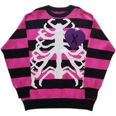 'Secrets' Pink Skeleton Heart Shape Sweater AlielNosirrah Pink Skeleton, Skeleton Heart, Beauty Of Simplicity, Striped Knitted Sweater, Scene Outfits, Round Neck Design, Scene Kids, Gothic Skull, Clothing Details